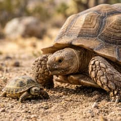 A sulcata tortoise and a Russian tortoise side by side for size comparison