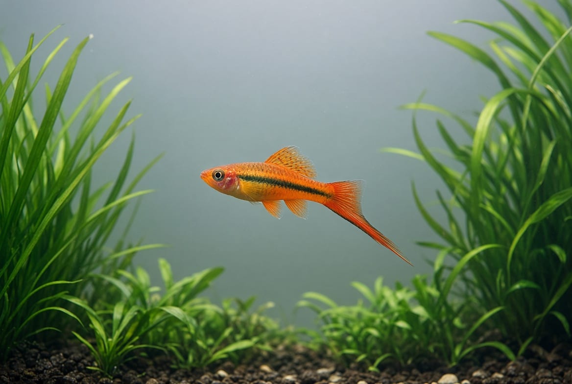 A male swordtail with a long sword extension swimming through open water past planting