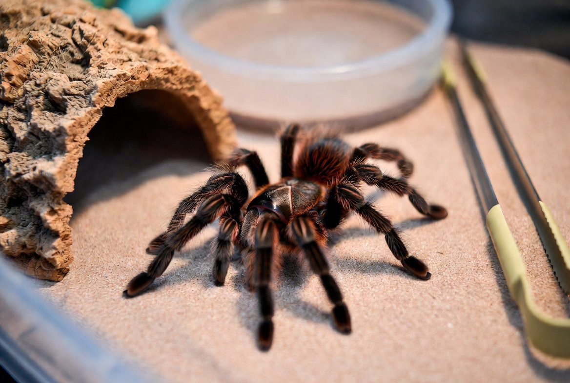 Chilean rose hair tarantula beside its enclosure setup and feeding tongs
