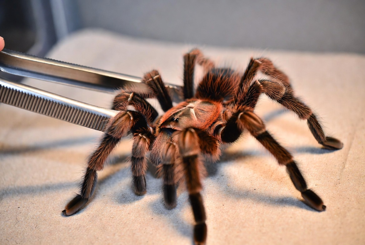 Tarantula being gently guided with long tongs during enclosure maintenance