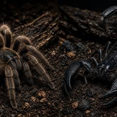 A tarantula and an emperor scorpion side by side for comparison