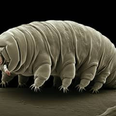 A tardigrade (water bear) viewed under a scanning electron microscope, showing its distinctive stubby legs and barrel-shaped body