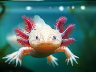 A cute pink axolotl with feathery gills swimming in clear water