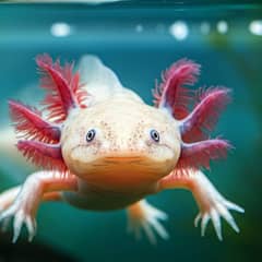A cute pink axolotl with feathery gills swimming in clear water