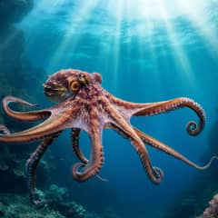 A vibrant octopus gliding through colorful coral reef waters, its iridescent purple and teal arms spread wide in the deep blue ocean