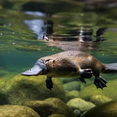 A platypus swimming underwater in a clear Australian freshwater stream, its distinctive bill and webbed feet visible