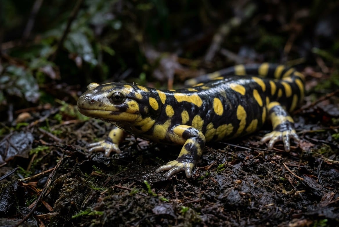 Tiger salamander partially burrowed in deep moist substrate in a simple tank setup