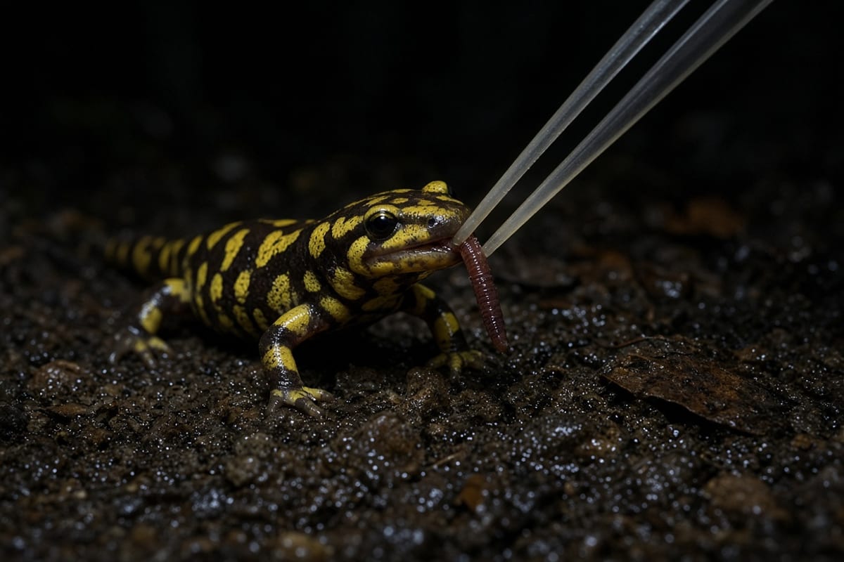 A yellow-blotched tiger salamander at night taking an earthworm from soft-tipped feeding tongs above damp soil