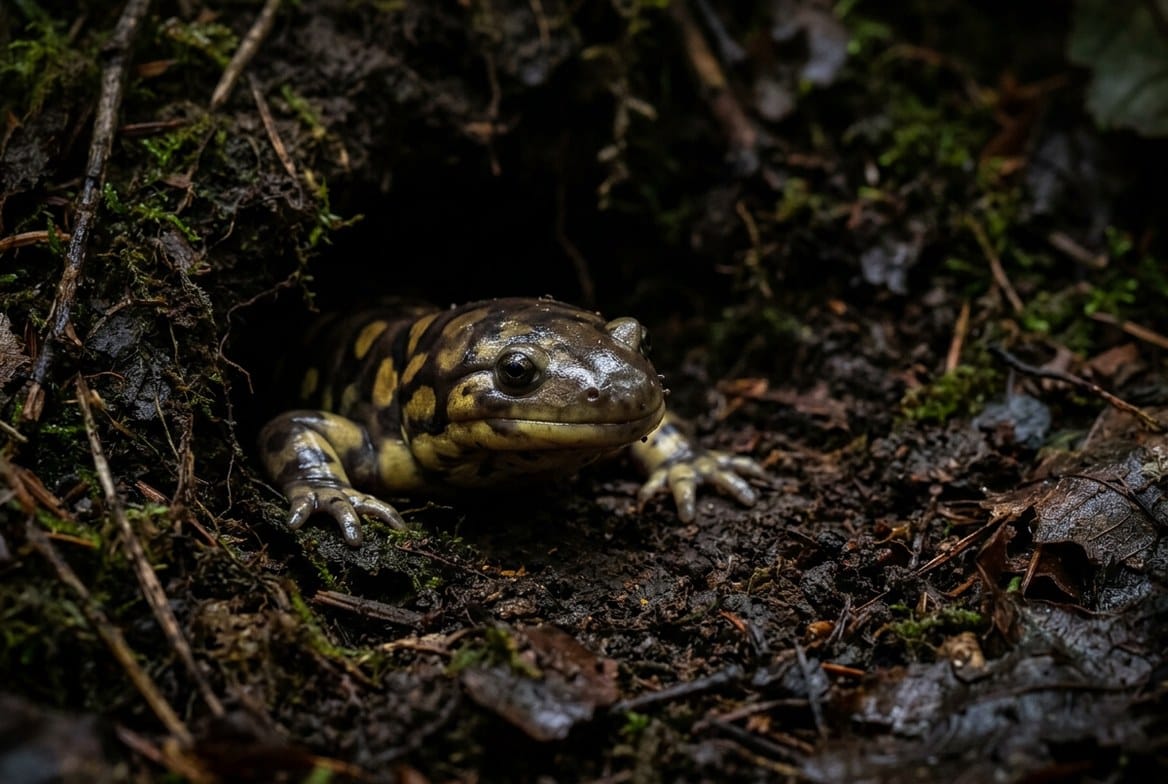 Tiger salamander partially burrowed in deep moist substrate, only its head visible