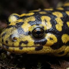 Tiger salamander partially burrowed in deep moist substrate, alert and healthy