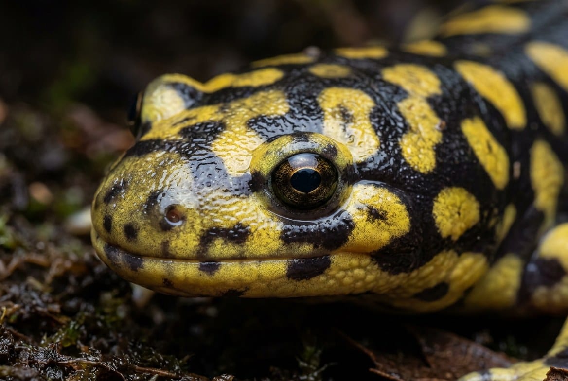 Tiger salamander partially burrowed in deep moist substrate, alert and healthy