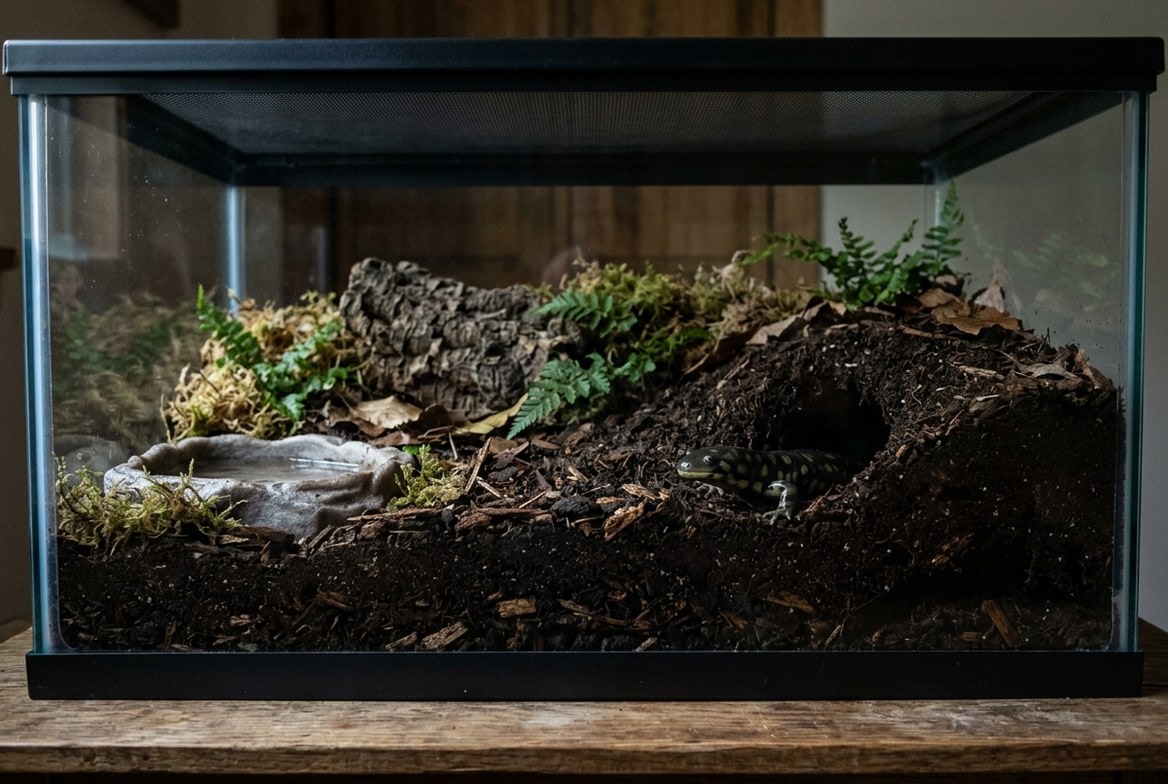 Tiger salamander partially burrowed in deep moist substrate, showing its burrow entrance