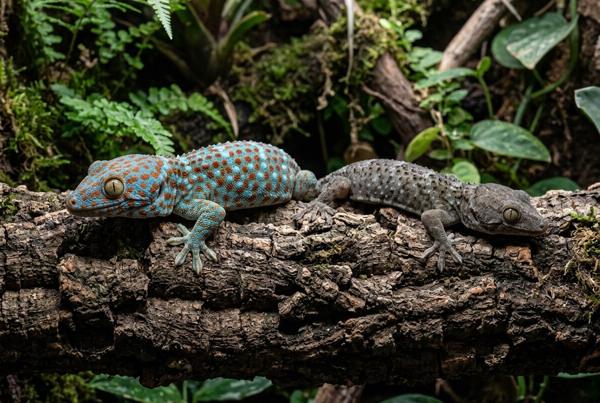 Captive-bred tokay gecko color morph next to a wild-caught tokay gecko illustrating the price and quality difference
