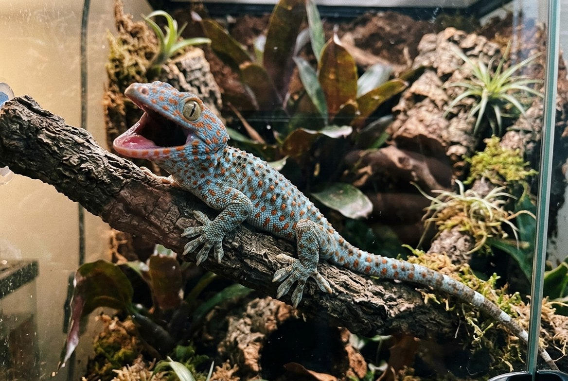 Tokay gecko in a defensive gaping posture inside its enclosure