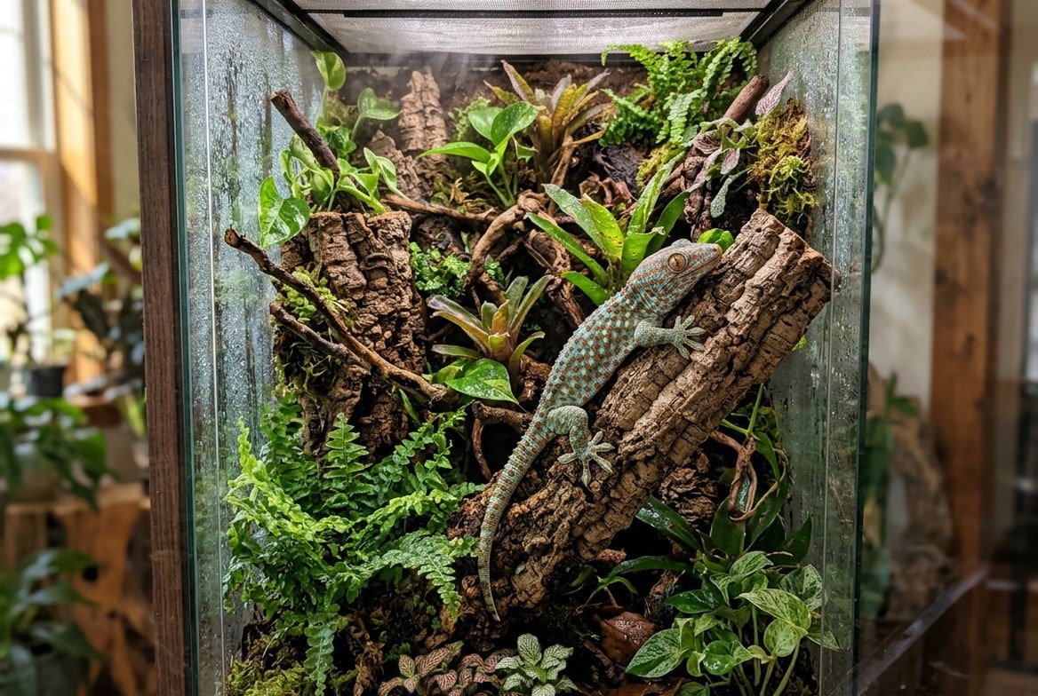 Vertical tokay gecko enclosure with climbing branches, cork bark, and misted foliage at every level