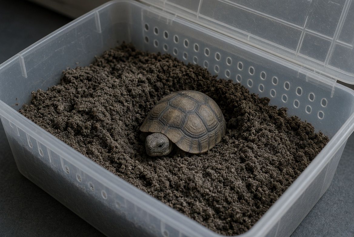 A Russian tortoise partly buried in moist substrate inside a ventilated plastic hibernation container, with a probe thermometer resting on the lid