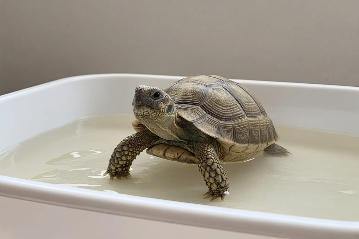 A small tortoise standing in a shallow tub of warm water that reaches its elbows, with its head raised and its shell dry above the waterline