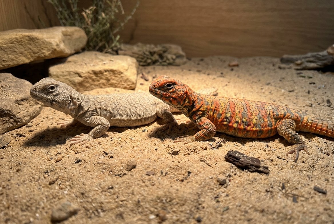 Colorful uromastyx basking in a large enclosure, illustrating the setup this species' cost of ownership requires