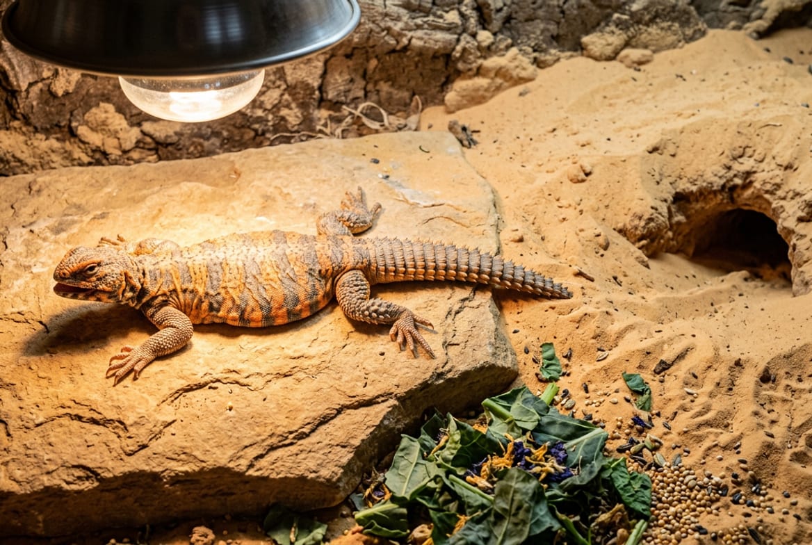 A uromastyx flattened on hot stone under a basking lamp beside a deep sand burrow