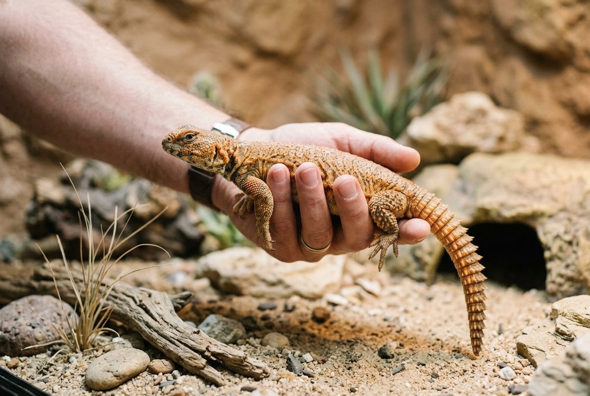 Uromastyx being gently scooped from below during a handling session