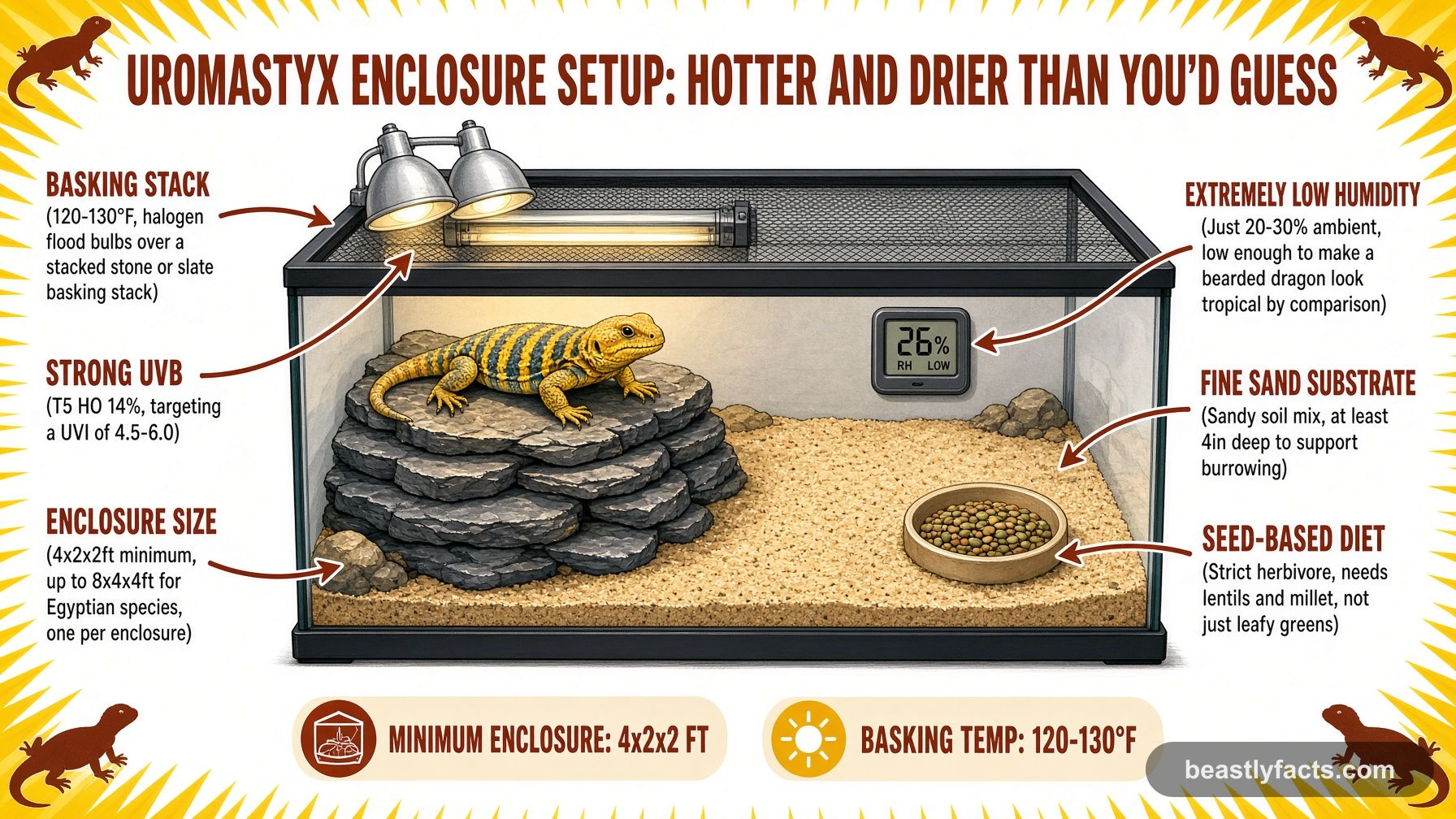 Labeled diagram of a uromastyx enclosure showing the basking stack, extremely low humidity, and seed-based diet