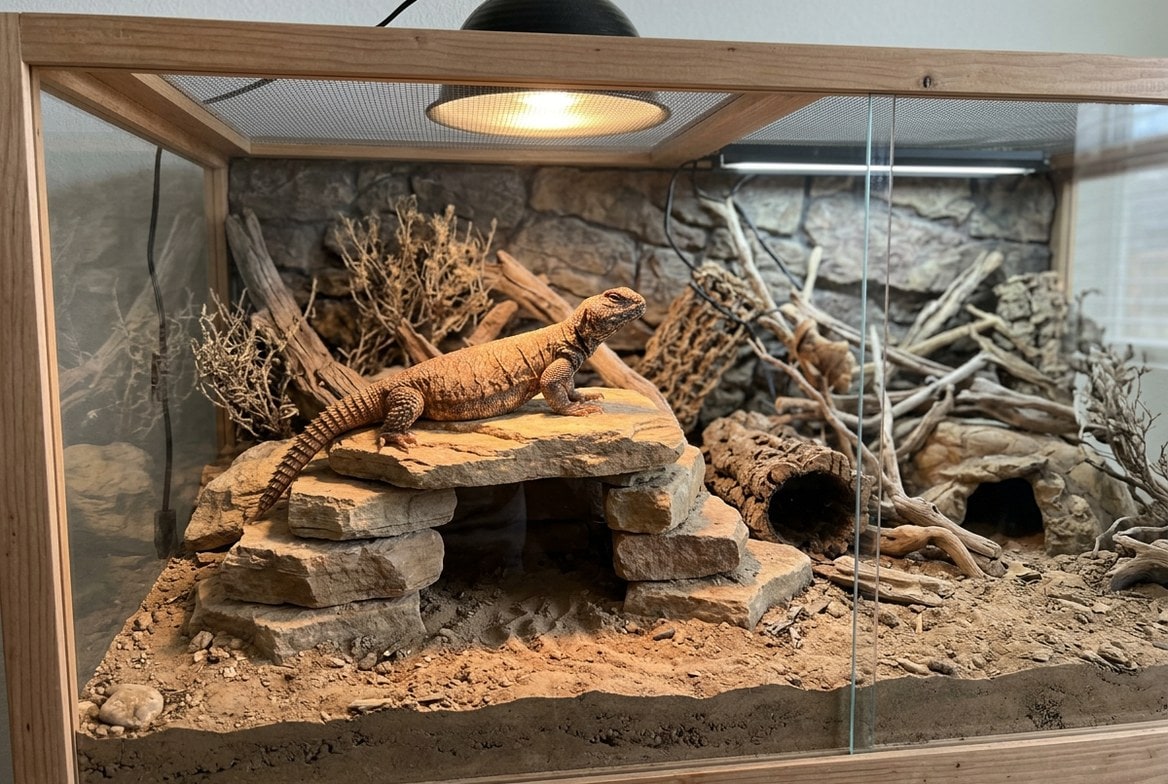 Uromastyx enclosure with deep burrowing substrate, basking stack, and halogen lighting