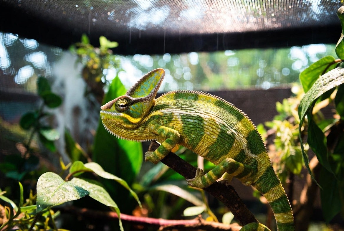 Veiled chameleon perched in a fully planted screen enclosure