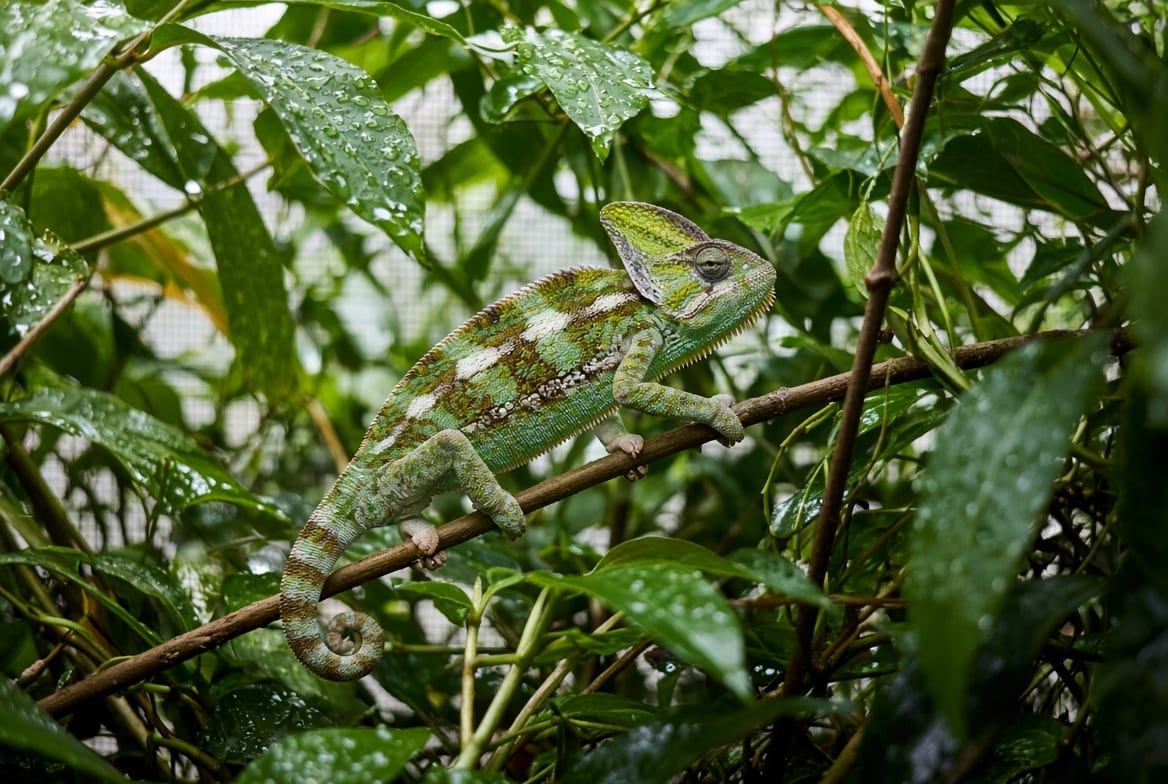 A veiled chameleon gripping a branch in a heavily planted screen enclosure