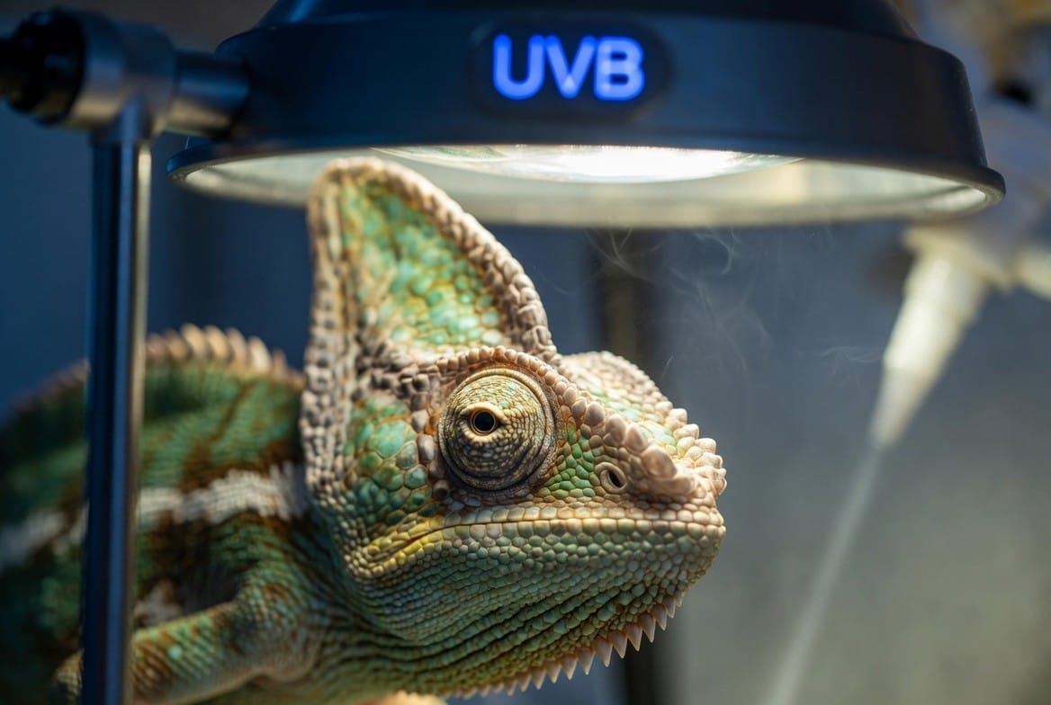 Veiled chameleon at an exotic vet exam being checked for early signs of illness