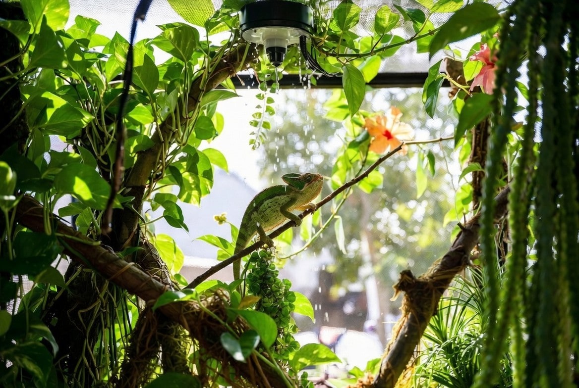 Veiled chameleon enclosure with live plants, dripper system, and linear UVB fixture