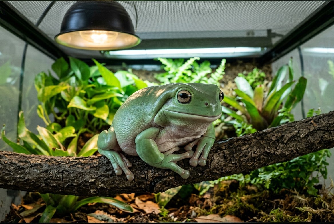 White's tree frog perched on a branch inside a fully equipped arboreal terrarium
