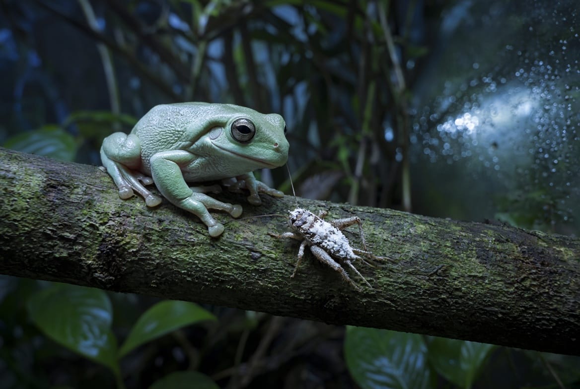 A White's tree frog on a branch at night facing a dusted cricket