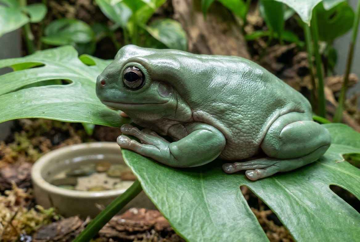 White's tree frog with visible fat deposits being examined for signs of obesity