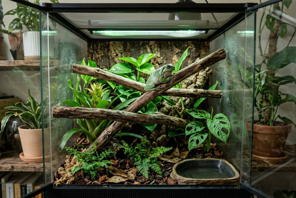 White's tree frog enclosure with climbing branches, broad leaves, and a misted glass front