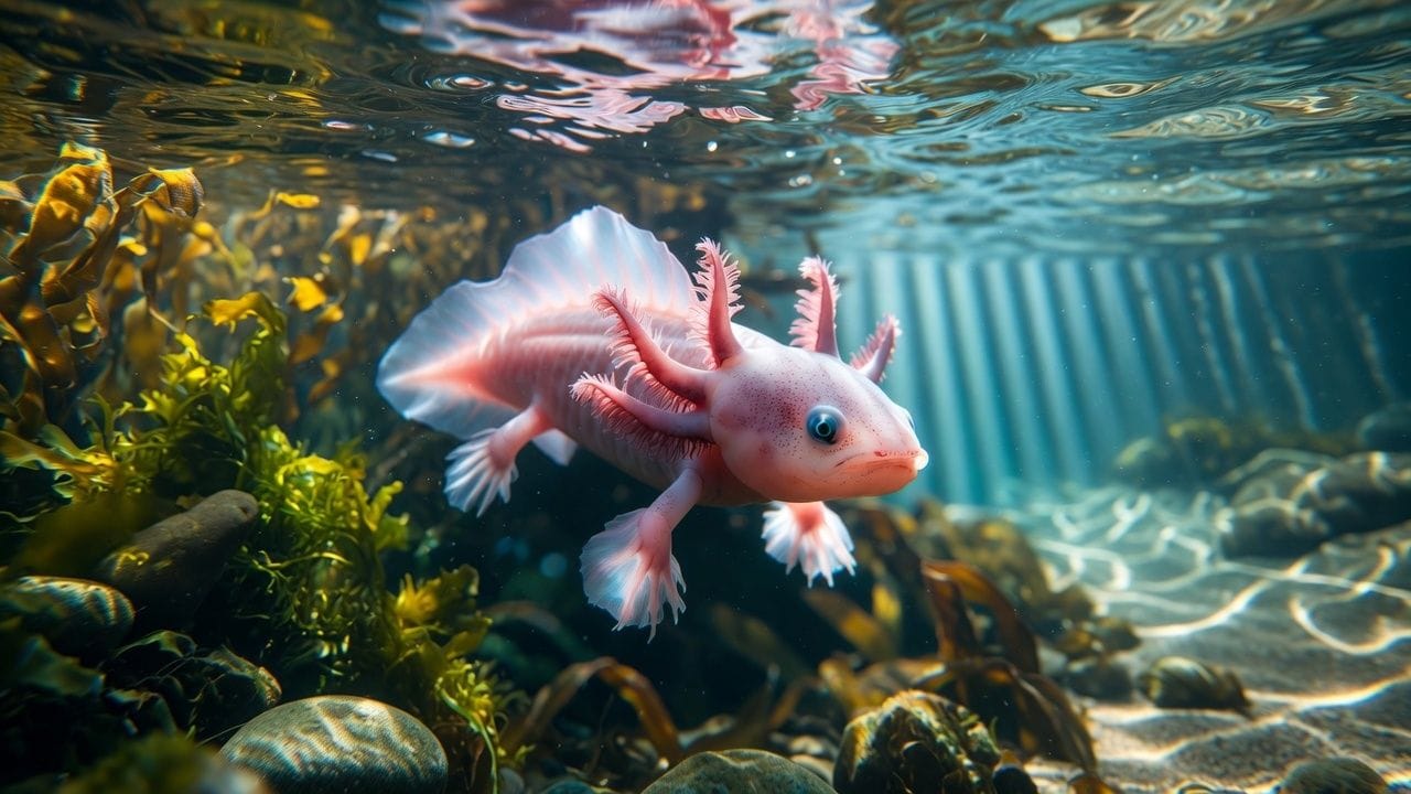 Beautiful pink axolotl with vibrant feathery gills swimming in a sunlit natural underwater habitat filled with plants and rocks.