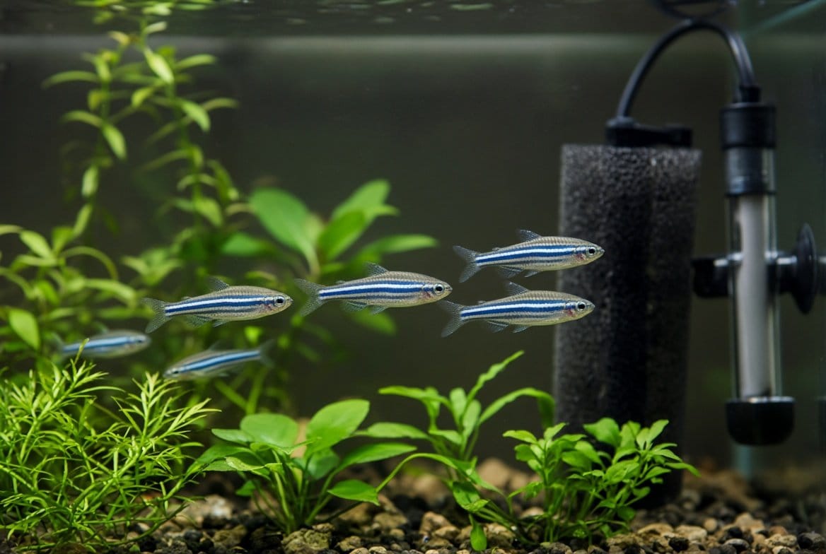 A school of zebra danios swimming together in a freshwater aquarium