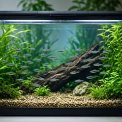 A planted zebra danio aquarium with open swimming space and a secure lid